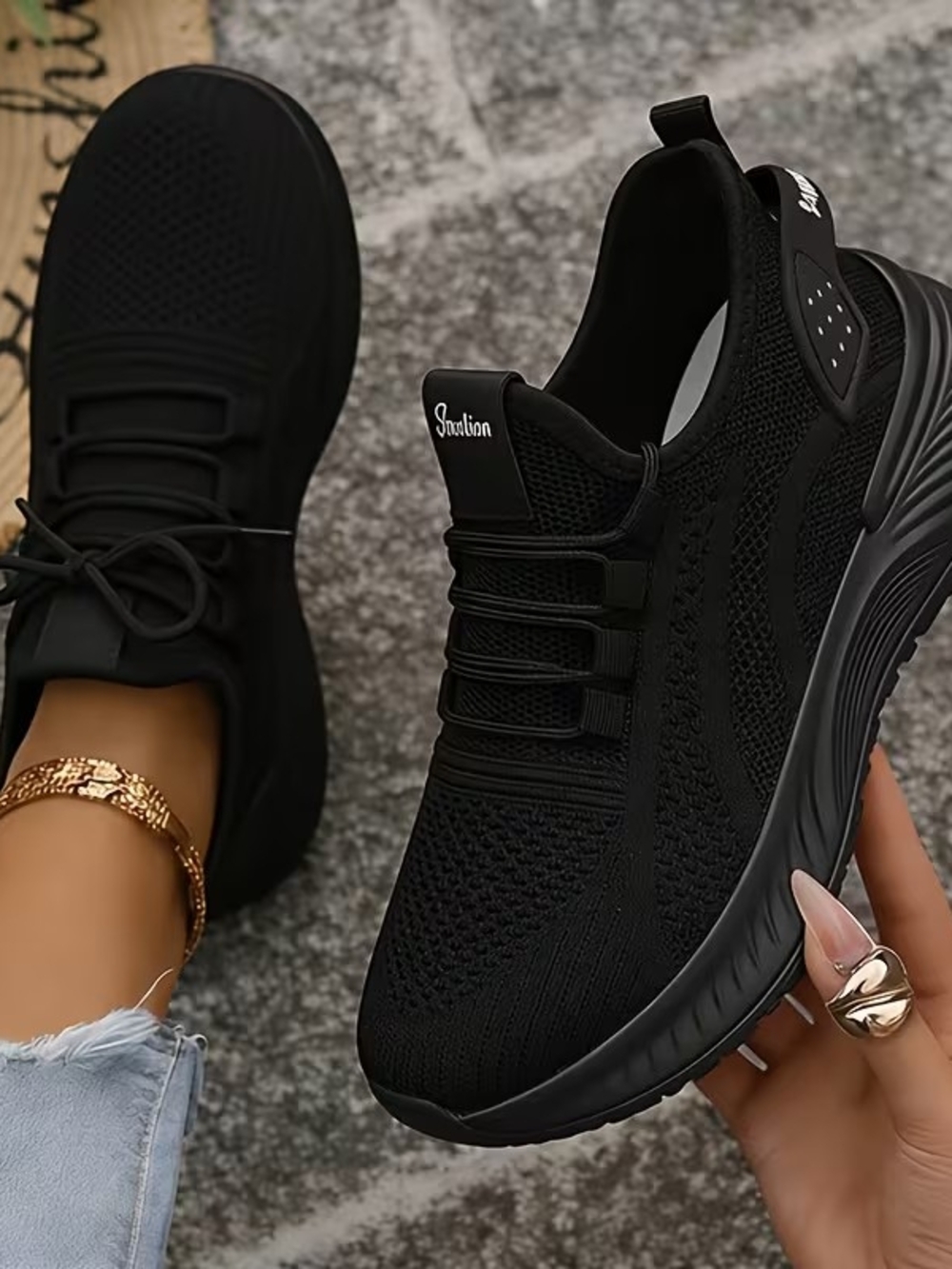 Rich Black Lightweight Breathable Knit Slip-On Sneakers